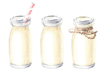Homemade drinking yogurt, bottle set. Hand  drawn watercolor illustration isolated on white background
