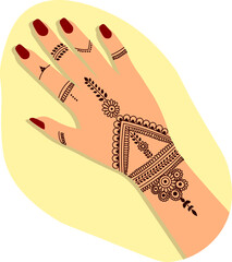 Indian style mehendi painting for wedding on woman hand with red nail polish, henna art in arabic culture for Ramadan vector illustration