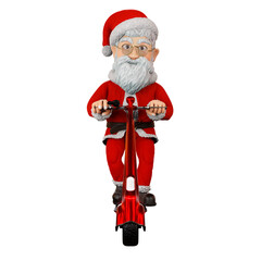 Santa riding a vintage-style red E-scooter and waving to the camera is a cute scene rendered in 3D and set against a white background.