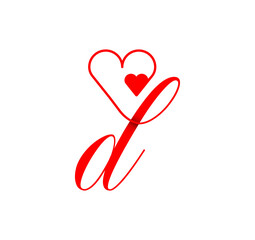 D letter script heart line. from the heart. Letter D handwriting logo template with love and heart shape decoration. The first signature vector.