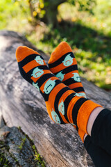 Lustige Socken für Halloween-Party. Orange-Schwarz gestreift mit Geister-Motiv.