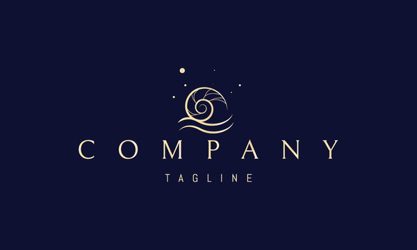 Vector golden logo on which an abstract image of a seashell with two waves at the base.