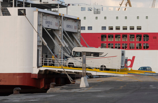 Heraklion, Crete, Greece. 2022. A holiday motorhome on ramp loading onto a ferry in port of Heraklion.