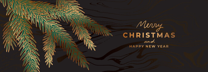 Luxury golden Christmas banner template. Gold christmas tree, pine branches. Fancy New Year black background with marble texture