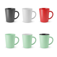 Illustration of Six Realistic Empty Ceramic Coffee Cup. Mockup with Shadow Effect, for Web Design, and Printing on a White Backdrop.
