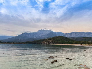 Mediterranean Sea with mountain view. Phaselis Ancient City, Antalya, Turkey. 