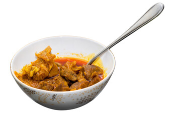 Beef or curry homemade recipe  in a bowl with white background
