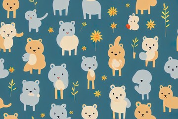 Cute animals for kids and baby, nursery poster for baby room, greeting cards, childish seamless pattern. Hand drawn Scandinavian style, 2d illustrated illustration.