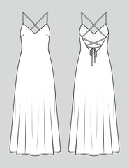 Coctail midi dress.Open back. Fashion sketch. Vector illustration. Flat technical drawing. Mockup template.