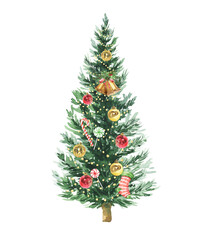 Watercolour Christmas tree with decorations. Winter season realistic illustration.