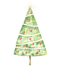 Watercolour Christmas tree with decorations. Winter season illustration.