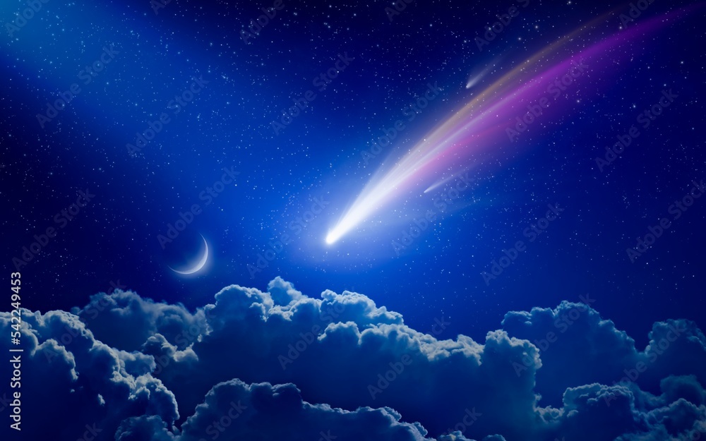 Poster amazing unreal background: giant colorful comet in starry night sky over clouds. comet is icy small 
