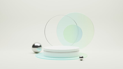 3D render of a modern product Display Podium mockup on a bright background. Glossy tabletop with a Silver band around it, and colorful Frosted Glass backdrop. Silver spheres