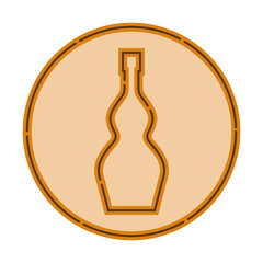 Illustration of bottle of cognac in flat style in form of thin lines. In the form of background is circle of color drinks. Isolated object design beverage. Simple icon for restaurant, pub, party