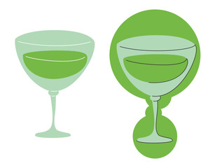 Vermouth glass on white background. Cartoon sketch graphic design. Flat style. Conditional colored hand drawn image. Party drink concept for restaurant, cafe. Freehand. Two kinds of illustration