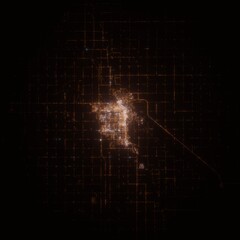 Grand Forks (North Dakota, USA) street lights map. Satellite view on modern city at night. Imitation of aerial view on roads network. 3d render