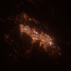 Palm Springs (California, USA) street lights map. Satellite view on modern city at night. Imitation of aerial view on roads network. 3d render