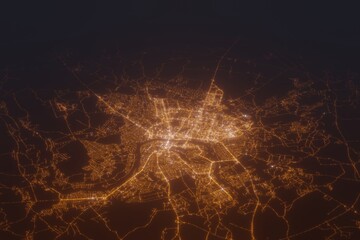 Aerial shot on Vitebsk (Belarus) at night, view from west. Imitation of satellite view on modern city with street lights and glow effect. 3d render