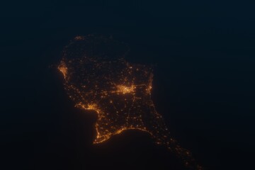 Aerial shot on Cyprus at night, view from east. Imitation of satellite view on island with street lights and glow effect. 3d render