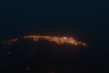 Aerial shot on Miami area (Florida, USA) at night, view from west. Imitation of satellite view on modern city with street lights and glow effect. 3d render