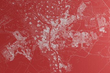 Map of the streets of Cairo (Egypt) made with white lines on red paper. Top view, rough background. 3d render, illustration