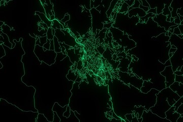Map of the streets of Mbabane (Eswatini) made with green illumination and glow effect. Top view on roads network. 3d render, illustration