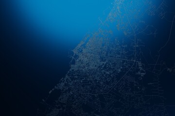Street map of Benghazi (Libya) engraved on blue metal background. View with light coming from top. 3d render, illustration