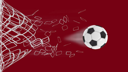 soccer football ball breaking nets qatar flag colors world cup background  - 3d rendering