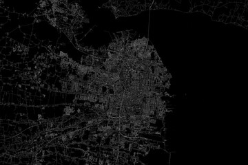 Stylized map of the streets of Surabaya (Indonesia) made with white lines on black background. Top view. 3d render, illustration