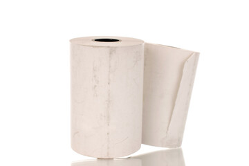 Two rolls of paper cash register tape, close-up isolated on white.