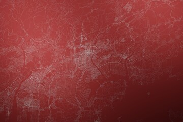 Map of the streets of Okayama (Japan) made with white lines on abstract red background lit by two lights. Top view. 3d render, illustration