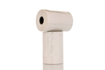 Two rolls of paper cash register tape, close-up isolated on white.