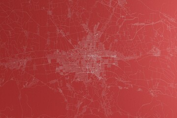 Map of the streets of Bishkek (Kyrgyzstan) made with white lines on red paper. Top view, rough background. 3d render, illustration