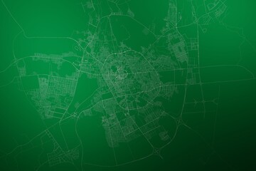 Map of the streets of Medina (Saudi Arabia) made with white lines on abstract green background lit by two lights. Top view. 3d render, illustration