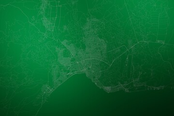 Map of the streets of Antalya (Turkey) made with white lines on abstract green background lit by two lights. Top view. 3d render, illustration