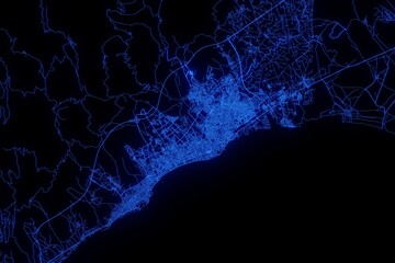 Street map of Mersin (Turkey) made with blue illumination and glow effect. Top view on roads network
