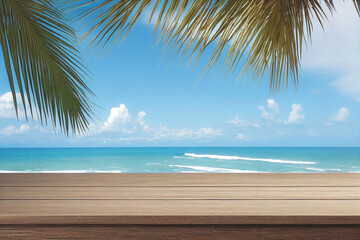 Empty wooden table for product display with view of tropical beach background.