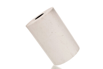 One paper cash register tape, close-up isolated on white.