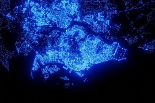 Street map of Singapore made with blue illumination and glow effect. Top view on roads network