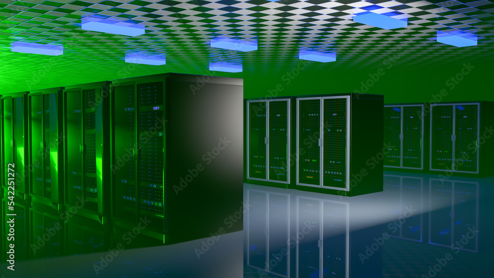 Poster server room. server data center. backup, mining, hosting, mainframe, farm and computer rack with sto