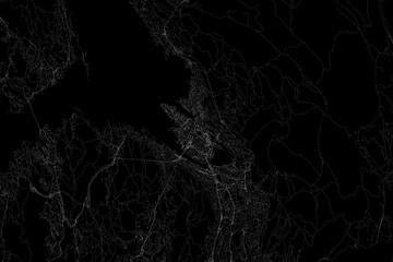 Stylized map of the streets of Bergen (Norway) made with white lines on black background. Top view. 3d render, illustration