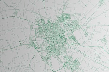Map of the streets of Groningen (Netherlands) made with green lines on white paper. 3d render, illustration