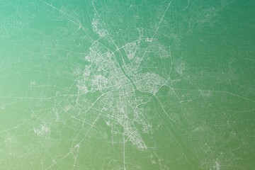 Map of the streets of Warsaw (Poland) made with white lines on yellowish green gradient background. Top view. 3d render, illustration