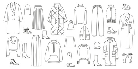 Set of line drawings of women's clothing, shoes and accessories. Isolated drawings of coats, hats, scarves, gloves, skirts, trousers, sweaters, boots and boots. Icons of women's demi-season wardrobe m