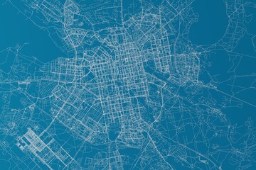 Map of the streets of Yekaterinburg (Russia) made with white lines on blue background. 3d render, illustration