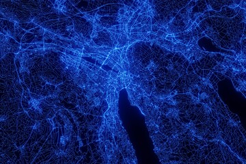 Street map of Zurich (Switzerland) made with blue illumination and glow effect. Top view on roads network