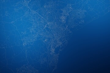 Stylized map of the streets of Cardiff (UK) made with white lines on abstract blue background lit by two lights. Top view. 3d render, illustration