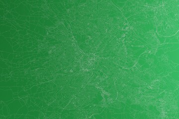 Map of the streets of Sheffield (UK) made with white lines on green paper. Rough background. 3d render, illustration