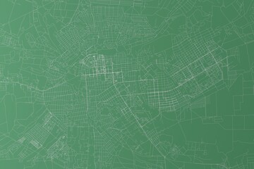 Stylized map of the streets of Lugansk (Ukraine) made with white lines on green background. Top view. 3d render, illustration