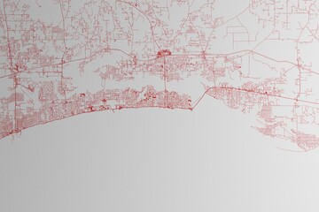 Map of the streets of Biloxi (Mississippi, USA) made with red lines on white paper. 3d render, illustration
